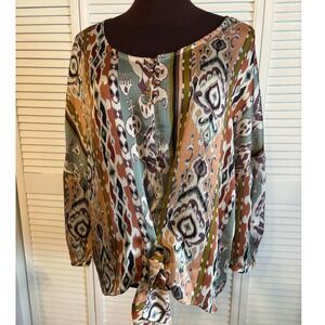 TRUCCO Women Boho Ikat Print Tie Front Blouse Plissé Long Sleeve Top Large